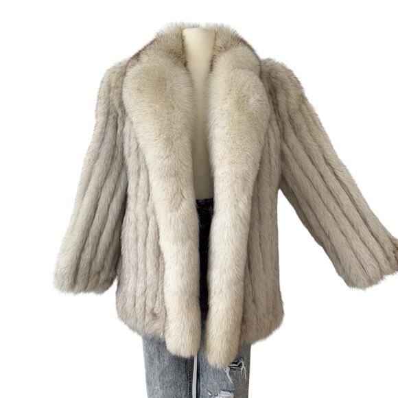 Vintage Blue Fox Fur Jacket Long Sleeve Shawl Collar Tan/Beige | Fits like US L - Picture 1 of 9